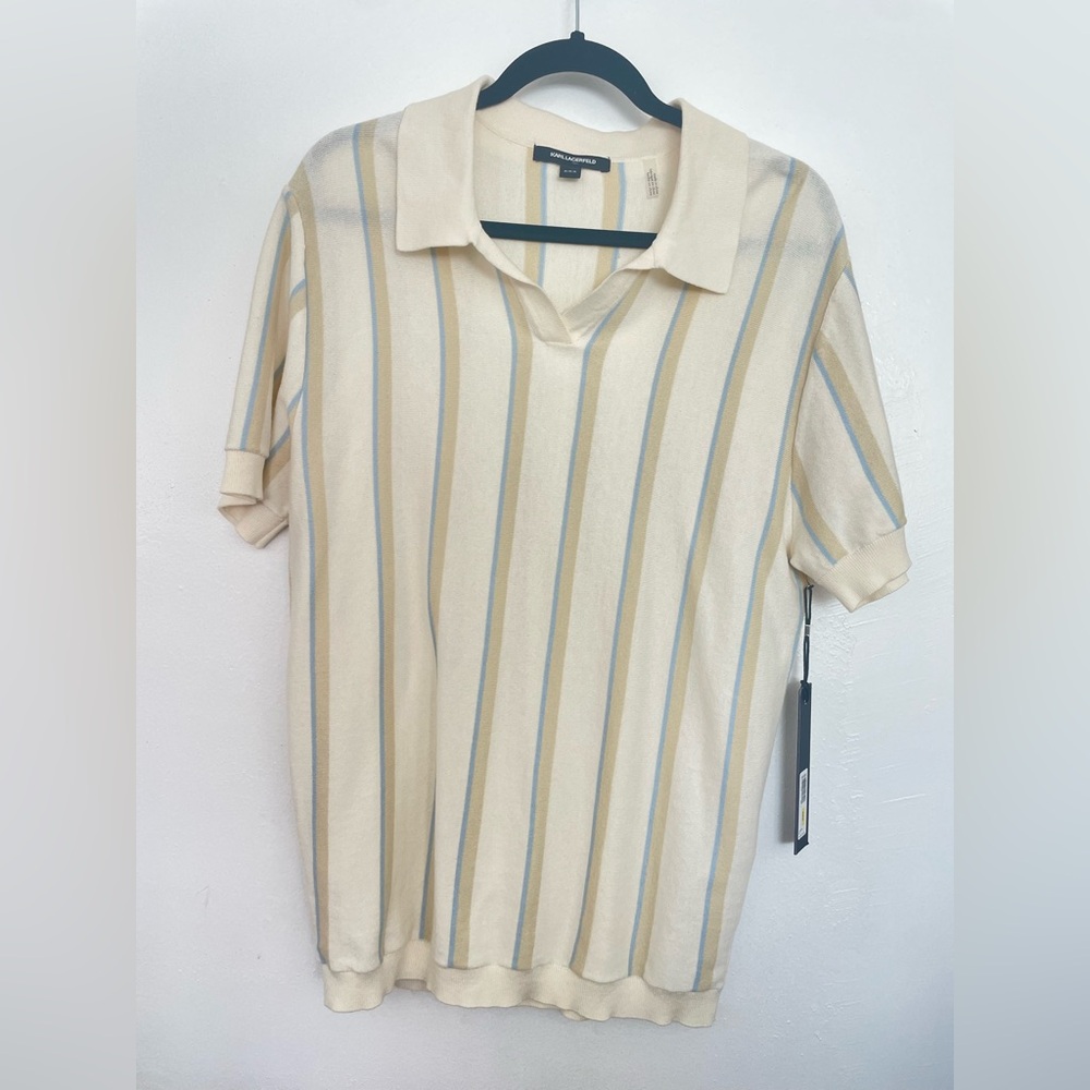 NWT Karl Lagerfeld Cream and Blue Striped Polo Shirt